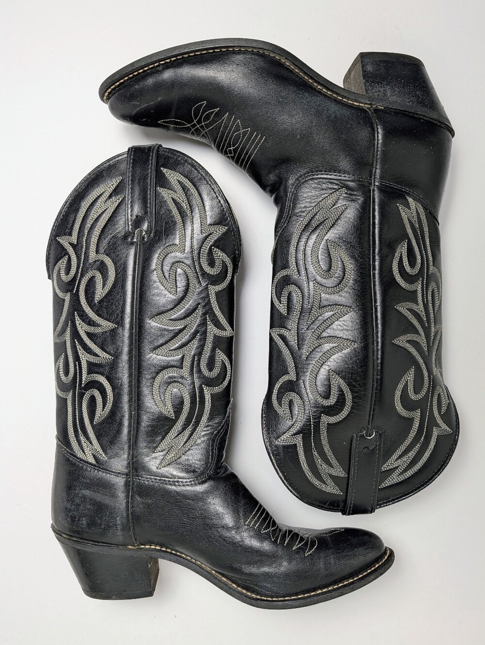 Texas Brand Vintage Leather Buckaroo Tall Cowboy Western Boots Black Size 7
